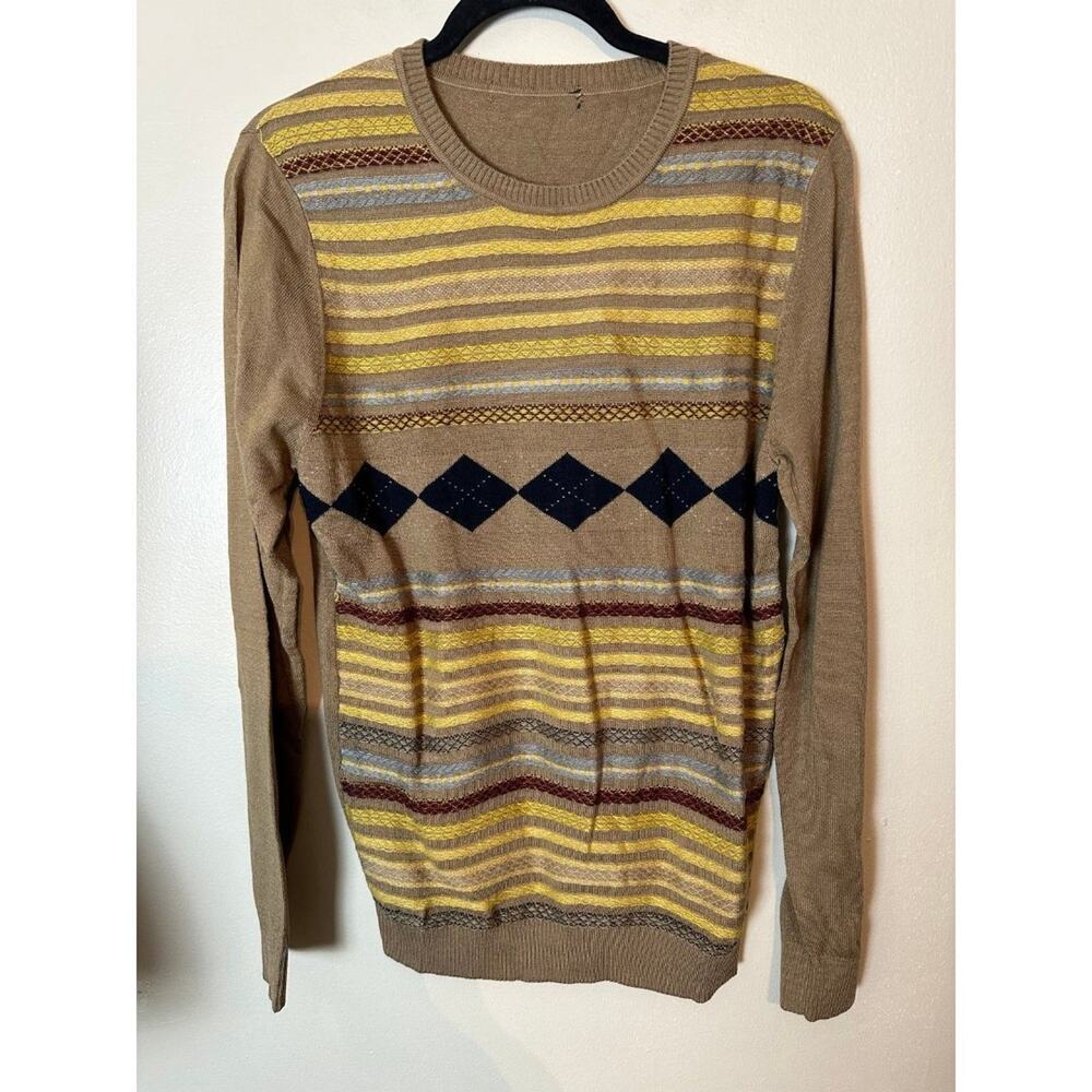 Lightweight Sweater Brown Tan Pattern Knit Long Sleeve Womens Medium